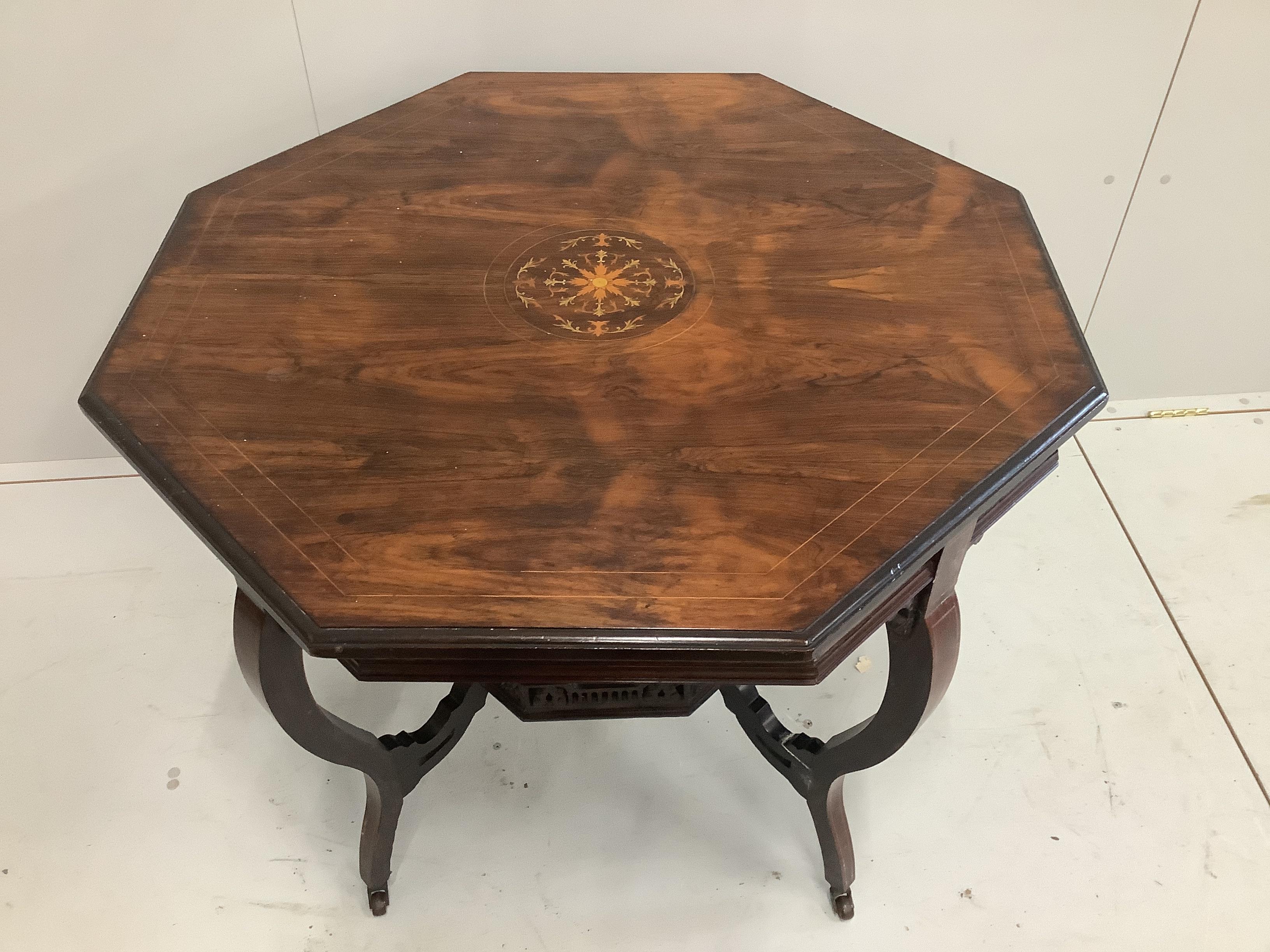 An Edwardian inlaid rosewood octagonal centre table, width 88cm, height 74cm